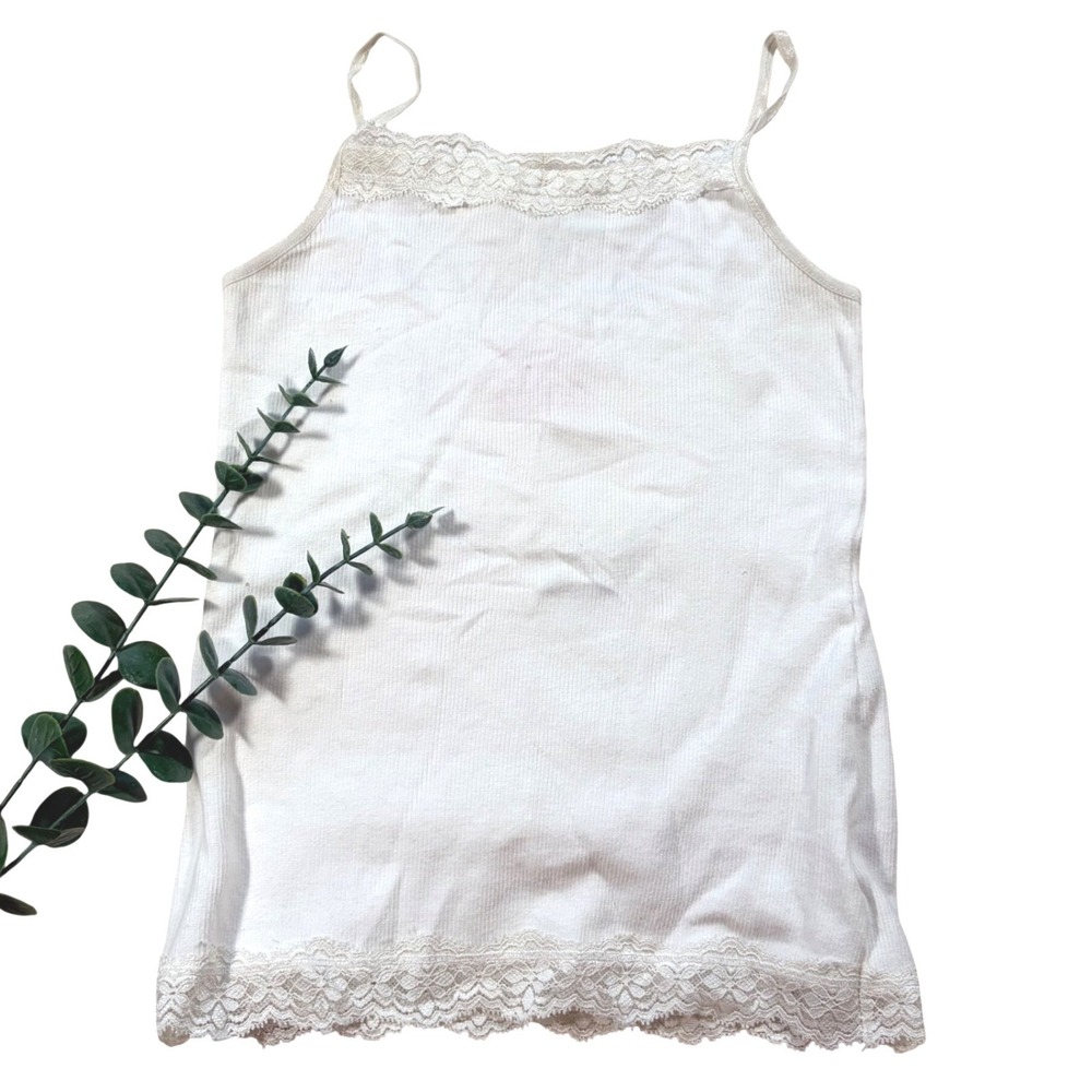Y2K White Ribbed Lace Trim Camisole Spaghetti Strap Tank Top